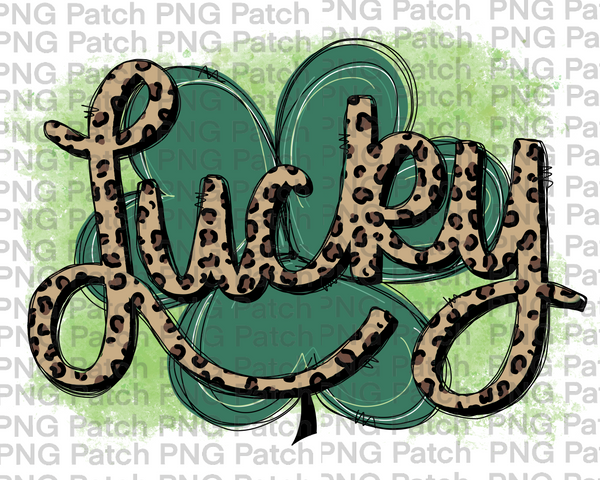 St Patrick's Day, Four Leaf Clover Leopard Print Lucky with Green Watercolor Background, St. Patrick's Day PNG File, Holiday Sublimation Design