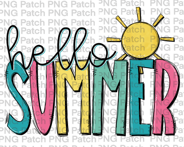 Hello Summer, with Sun, Summer Vacation PNG File, Beach Life Sublimation Design