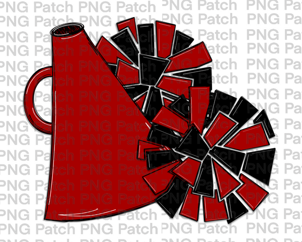 Red and Black, Megaphone Pom Poms, Cheerleading PNG File, Cheerleader Sublimation Design, Vertical