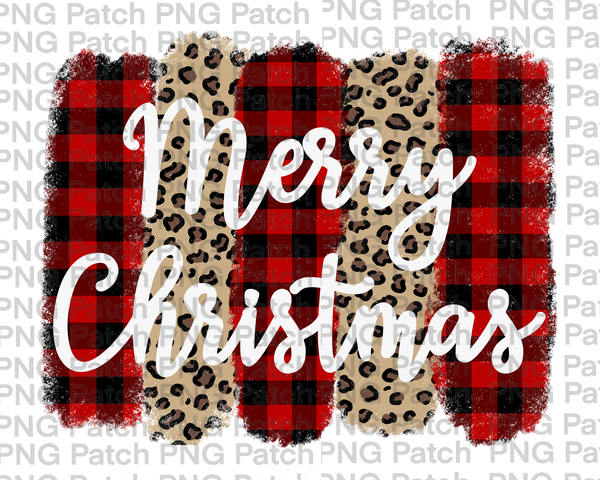 Merry Christmas with Buffalo Plaid and Leopard Print Background, Script Letters, Christmas Sublimation Design, Holiday PNG File