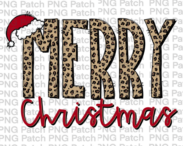 Leopard Print Merry Christmas with Santa Hat, Christmas Sublimation Design, Holiday PNG File