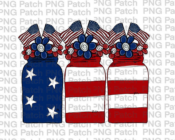 Floral Patriotic Jars with USA Flags, Memorial Day PNG File, Fourth of July Sublimation Design, USA Flags