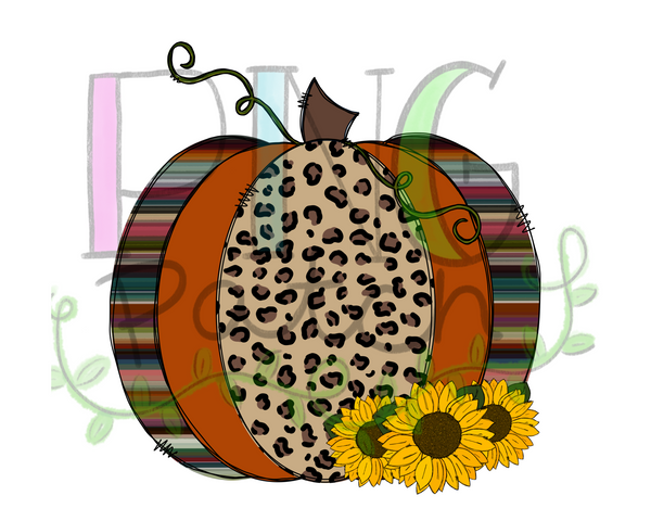 Leopard Serape Pumpkin with Sunflowers, Fall PNG File, Pumpkin Sublimation Design