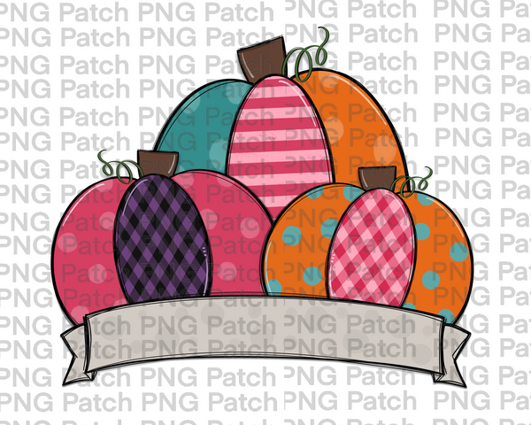 Pumpkin Trio Multi Pattern and Colors with Nameplate, Fall PNG File, Pumpkin Sublimation Design, Pumpkin Patch