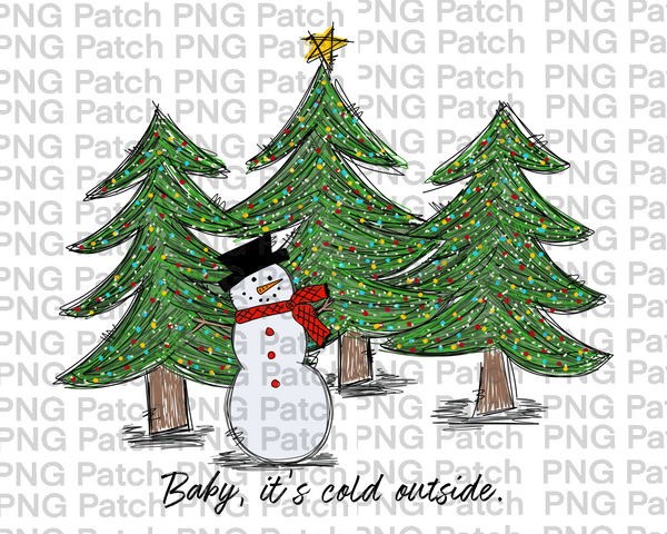 Baby It's Cold Outside, Scribble Christmas Tree Lights with Snowman, Christmas PNG File, Holiday Sublimation Design