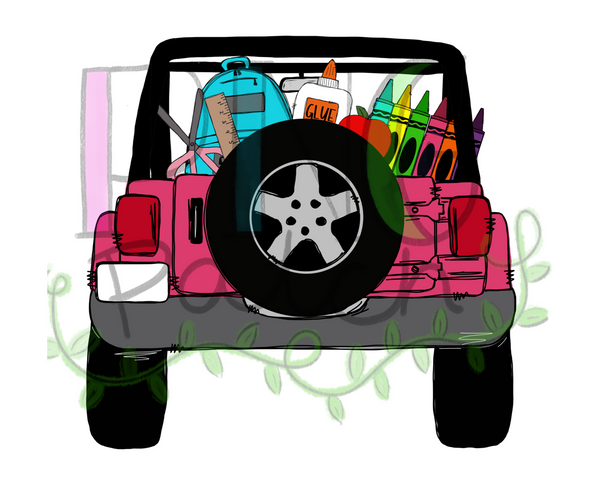 Pink Topless SUV Truck with School Supplies, Back To School PNG File, Teacher Sublimation Design