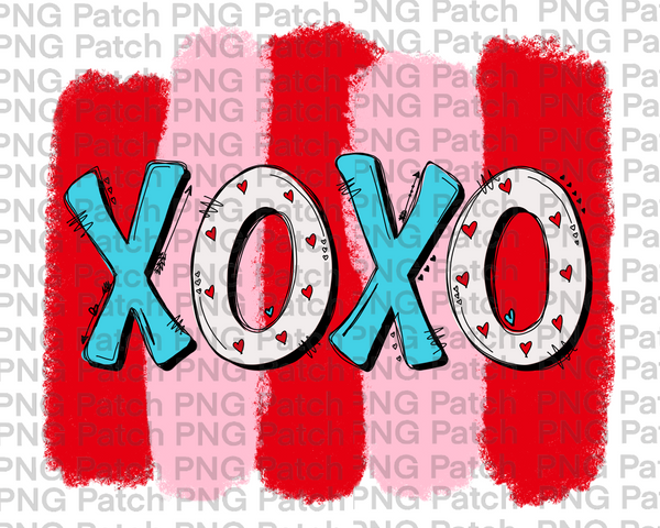 XO XO Love with Red, Blue, and Pink Paint Brush Background, Valentine's Day PNG File, Love Sublimation Design