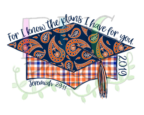 2019 Orange and Blue Floral Damask Graduation Cap, For I Know the Plans I have for You, Graduation PNG File, School Sublimation Design