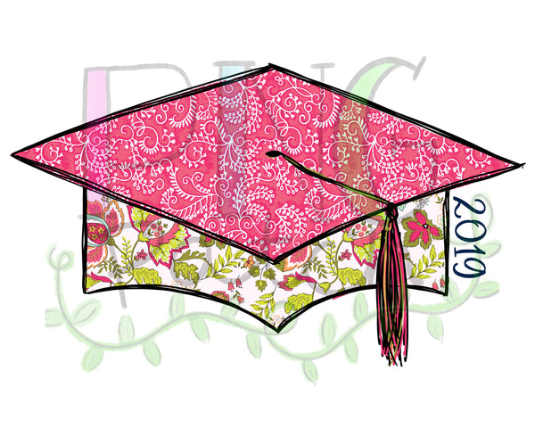 2019 Pink Floral Damask Graduation Cap Senior, Graduation PNG Files for Sublimation
